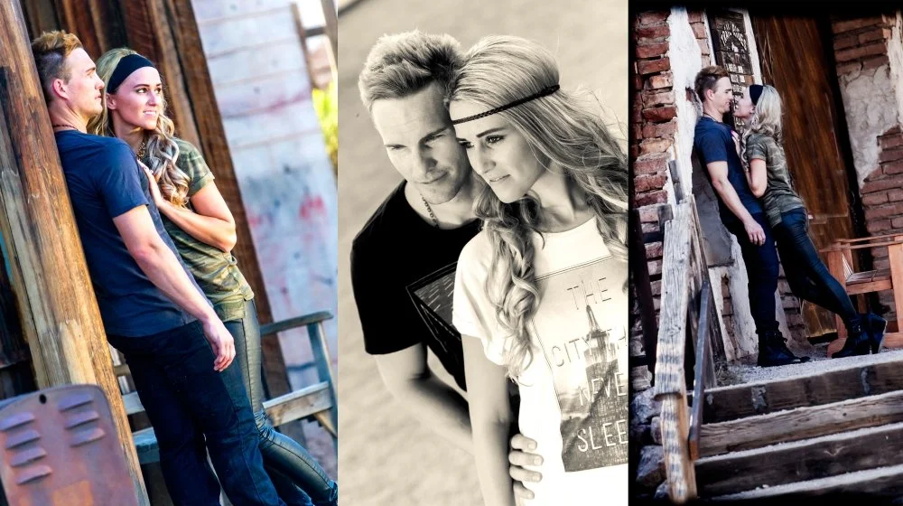 Collage of three photos featuring young couples outdoors. The first shows a man and woman leaning against a wooden structure, looking at each other. The second is a black and white close-up of a man and woman with their foreheads touching. The third 