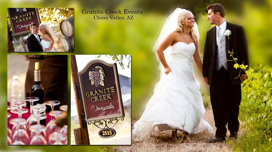 A collage of images at Granite Creek Events in Chino Valley, AZ, including a wedding couple, a wine bottle with glasses, and signs for Granite Creek Vineyards.