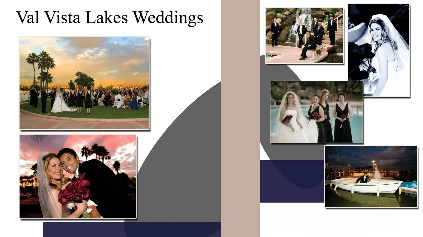 Collage of wedding photos at Val Vista Lakes, including ceremony, bride and groom portrait, group portraits, and evening scenes at the lake with boats.