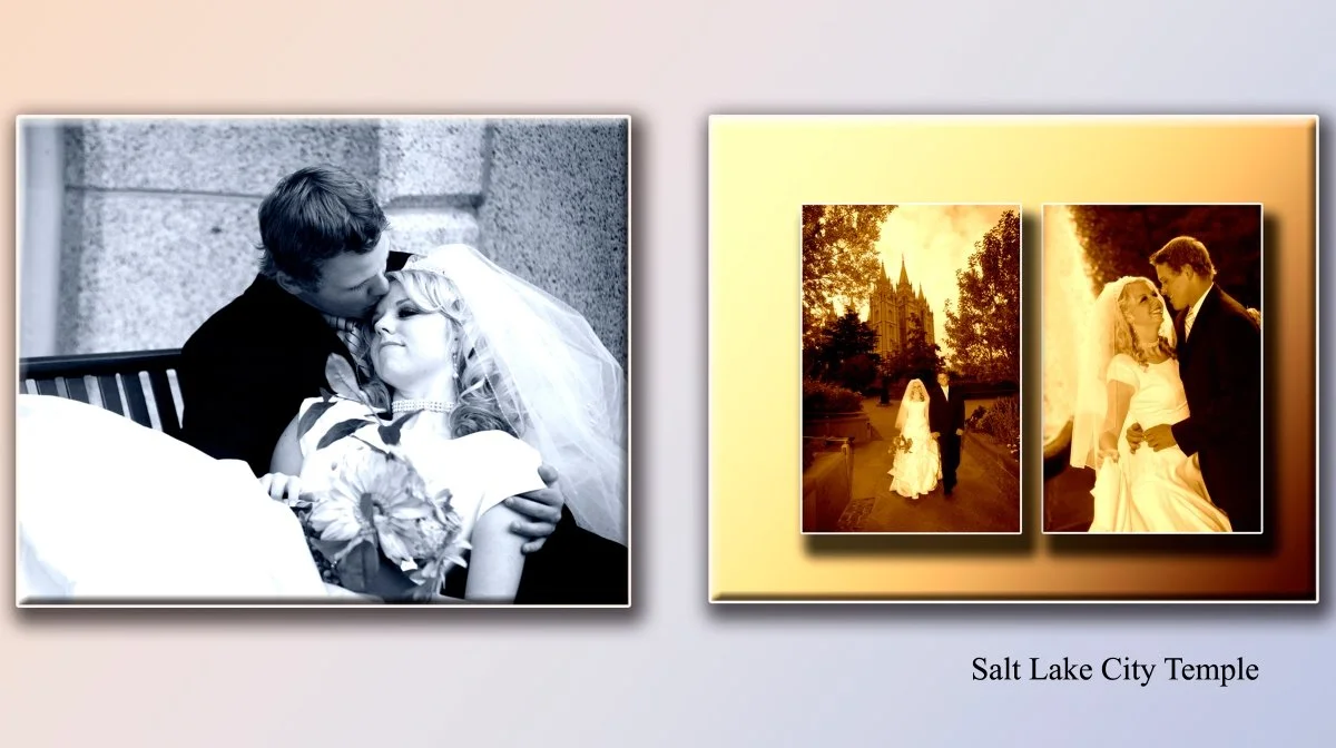 Two wedding photos, one in black and white and one in color, taken at Salt Lake City Temple, featuring a bride and groom.