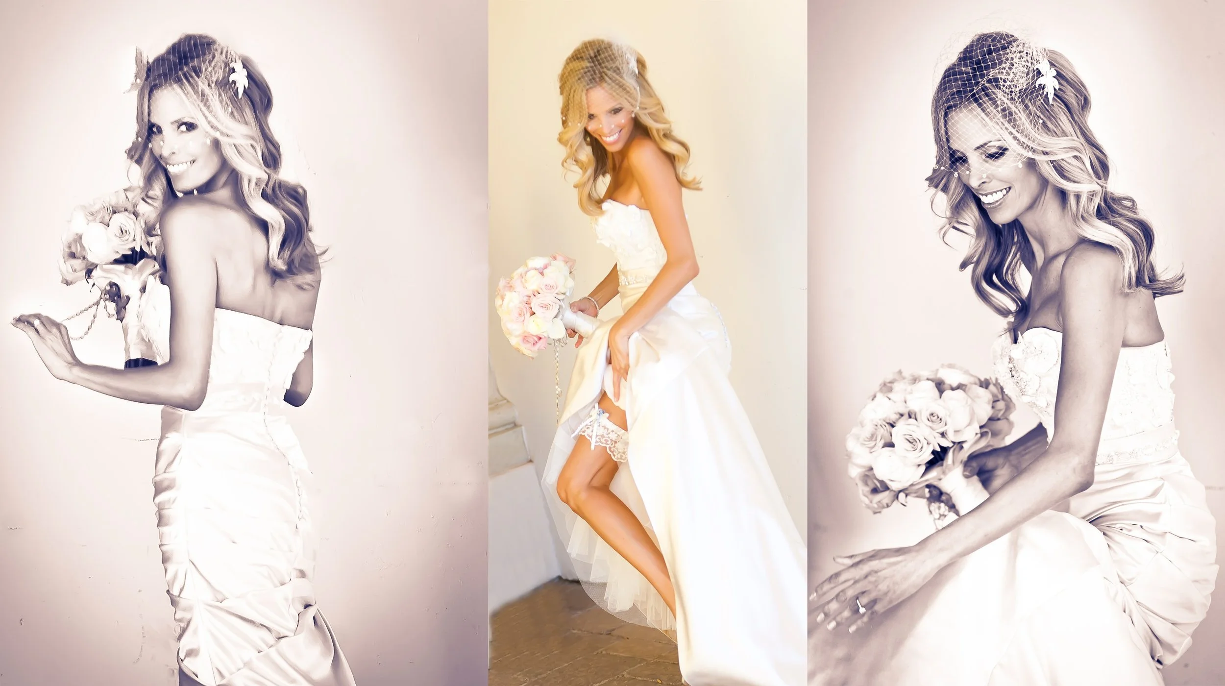 Triptych of a smiling woman in a wedding dress, holding a bouquet. Central color photo showing her lifting her dress to reveal lace garter, flanked by black-and-white images of her holding a bouquet and posing.