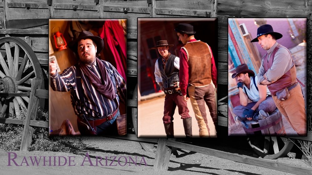 Three scenes from a Western town, showing men dressed in traditional cowboy attire, with wooden buildings in the background, and an old wagon wheel in the foreground.