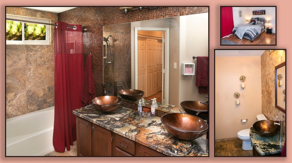 A collage of three images: the first showing a bathroom with a double sink vanity and a bathtub with a red shower curtain, the second showing a well-made bedroom with a bed, nightstands, and lamps, and the third showing a bathroom with a toilet, a si