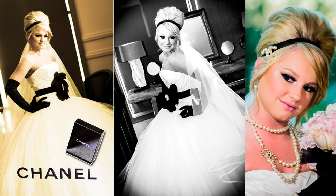 A woman in a wedding dress and black gloves is posing for photos in three different shots. The first is a color image with the Chanel logo and perfume box. The second is a black and white photo of her smiling in front of a mirror and a lamp. The thir