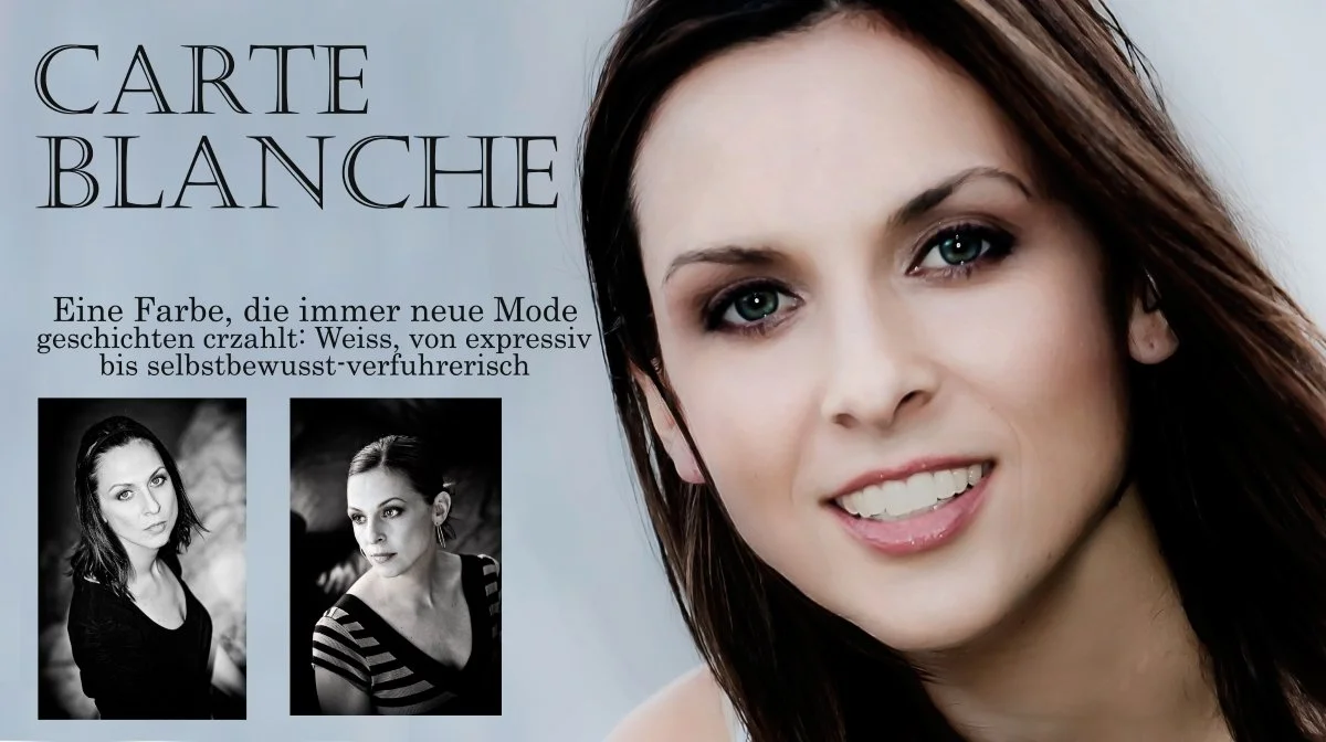 A promotional image for a fashion or beauty brand featuring a woman with brown hair and blue eyes, smiling, with smaller black-and-white photos of the same woman in different poses, and text in German about color and style.