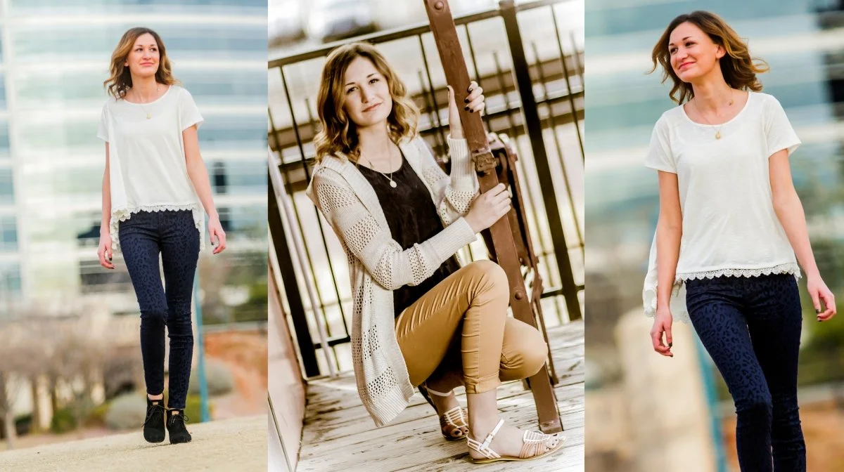 A collage of three images of the same woman with shoulder-length brown hair, wearing a white top and dark patterned pants. In one image, she is walking outdoors with buildings in the background. In another, she is sitting on a wooden deck next to a r