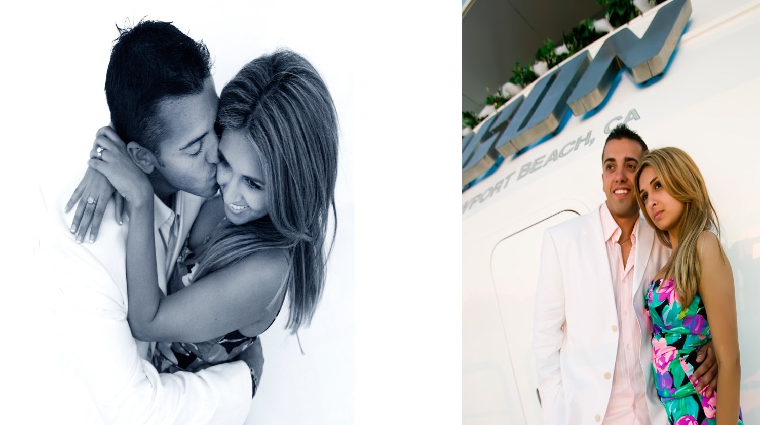 Pair of photographs showing couples. The left photo is a black-and-white close-up of a man and woman embracing and kissing. The right photo shows a man and woman standing close together, smiling, in front of a plane with the words "Fort Beach, CA" vi
