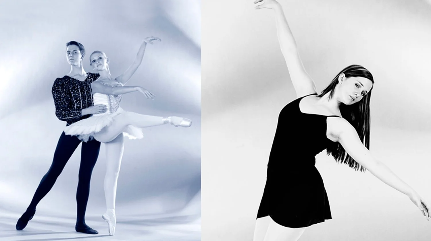 Black and white photo of two ballet dancers, a man and a woman, practicing together on the left, and a woman in a black dress posing alone on the right.