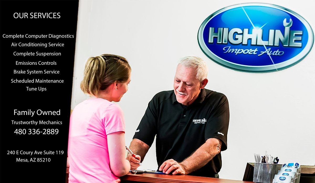 A service desk at Highline Import Auto with a smiling older man in a black polo shirt talking to a young girl in a pink shirt, with a menu of auto services on a black panel on the left side and the company logo on a white wall behind them.