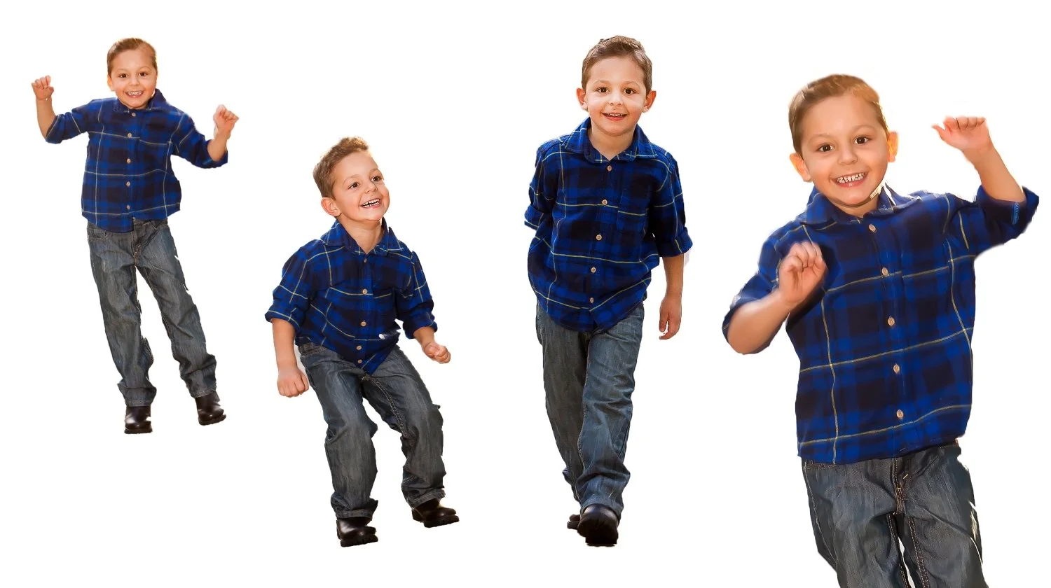 Four young boys in blue plaid shirts and jeans, happily jumping and running against a plain white background.