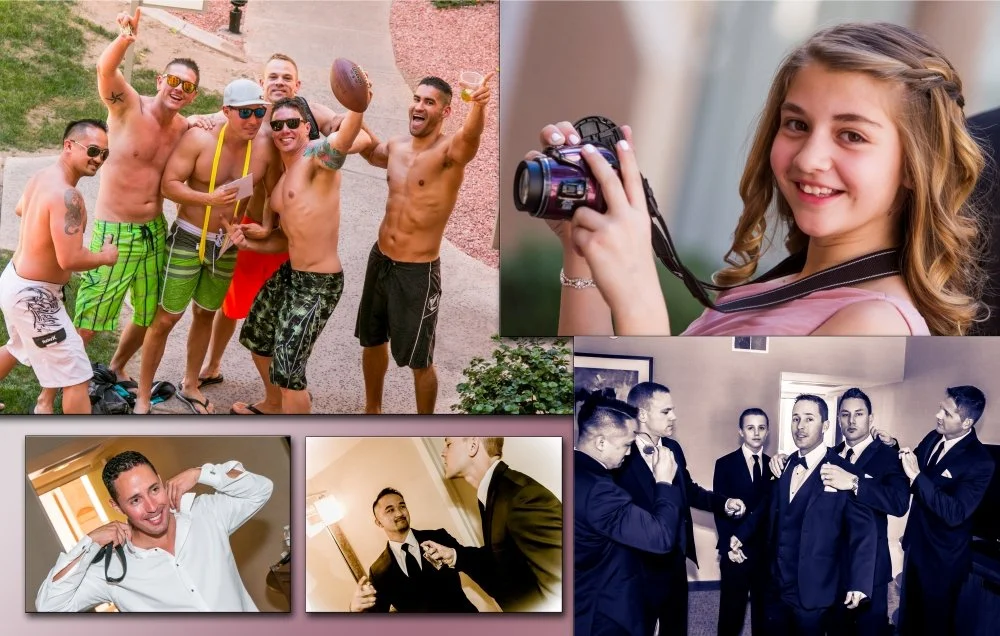 Collage of five photos: friends in swimwear celebrating outdoors, a young girl smiling while holding a camera, a man getting dressed in formal attire, men in tuxedos preparing for a formal event, and a man being interviewed or spoken to by another man in a formal setting.