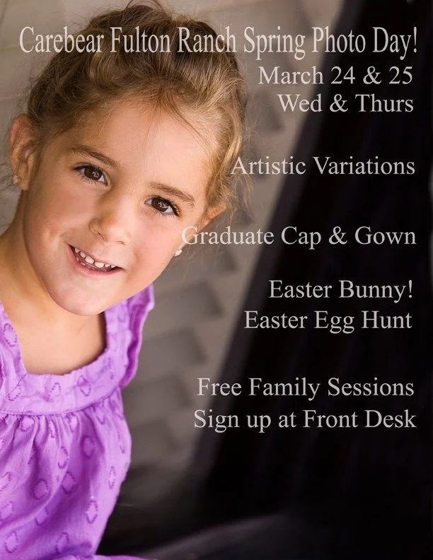 A young girl smiling, wearing a purple dress, promoting Carebear Fulton Ranch Spring Photo Day with details about dates, activities, attire, and sign-up information.