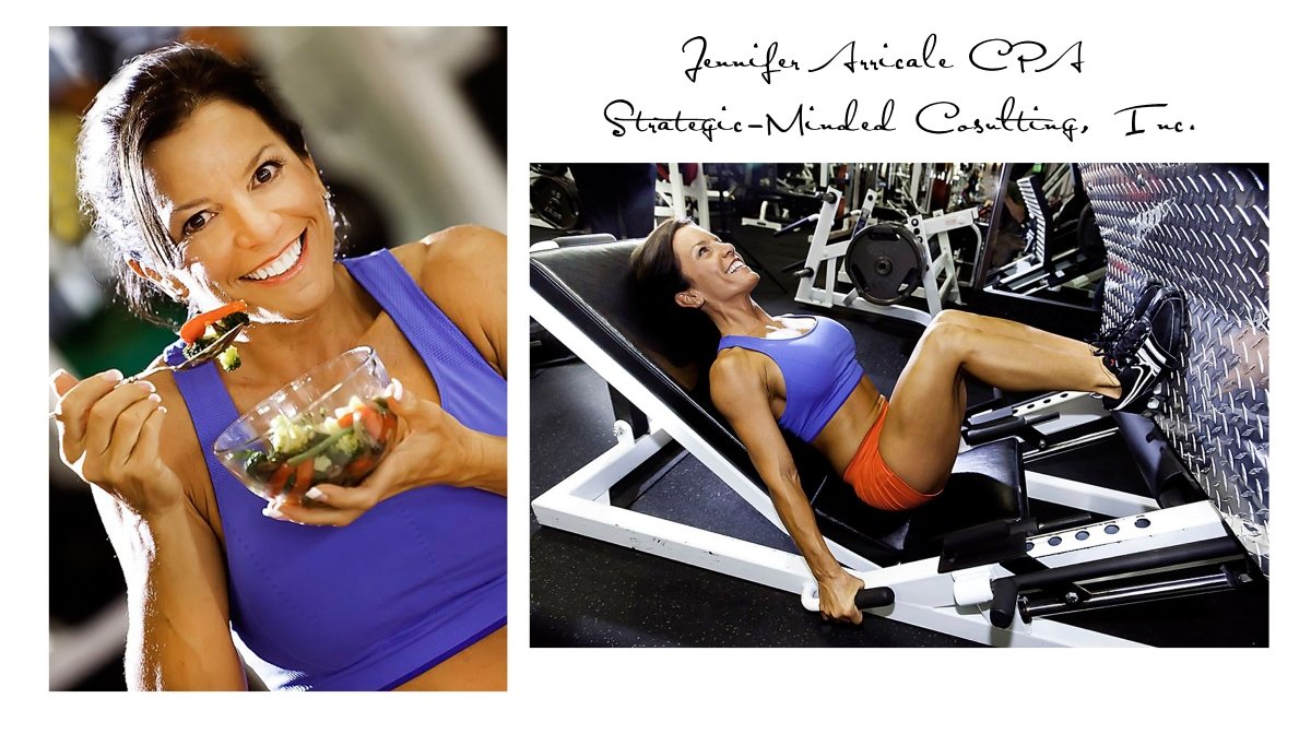 A woman smiling and eating a salad on the left, and the same woman exercising on a leg press machine in a gym on the right.