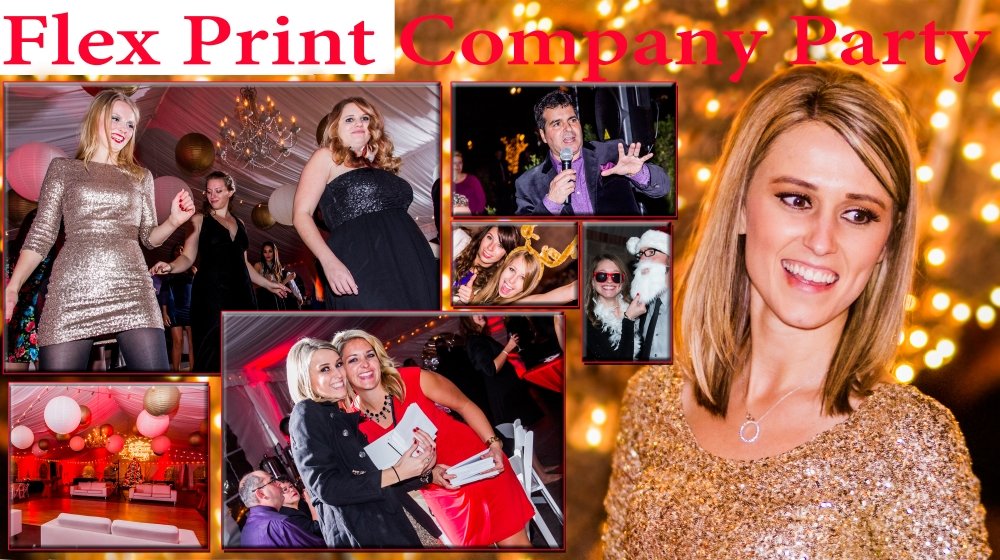 Collage of photos from a company holiday party featuring people dancing, socializing, and festive decorations, with a woman in a gold dress smiling in focus.