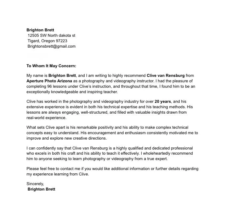 Letter of recommendation from Brighton Brett endorsing Clive van Rensburg's photography and videography skills, detailing Clive's experience, expertise, and teaching ability.