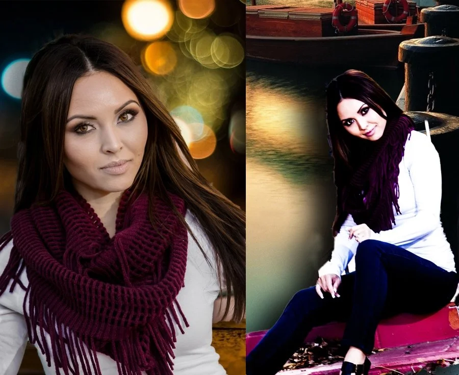 A split-screen photo featuring a woman with long brown hair and a maroon scarf on the left, with a background of colorful bokeh lights, and the same woman with darker hair and a purple scarf sitting by a waterway with boats and a dock on the right.