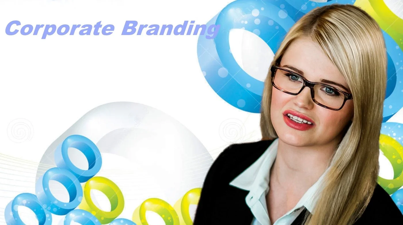 A woman with blonde hair and glasses dressed in business attire. The background features colorful abstract shapes and the text 'Corporate Branding' in light purple.