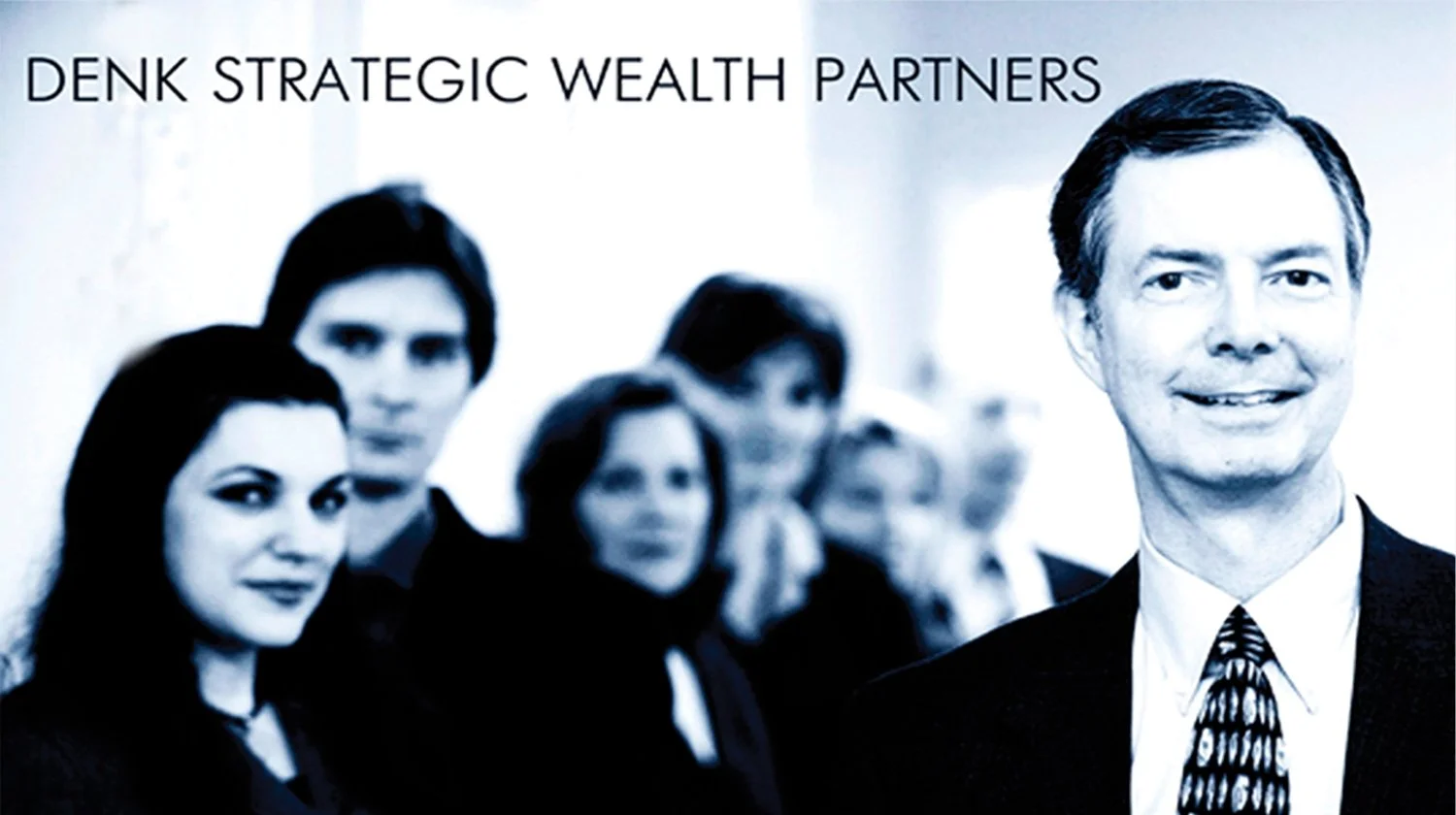 Black and white photo of a group of businesspeople, with a man in the front right wearing a suit and tie, smiling, and women and men in the background, with text that reads 'Denk Strategic Wealth Partners' at the top.