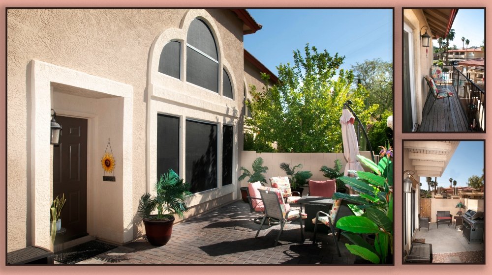 A collage of four outdoor balconies and patio areas with furniture, plants, and view of trees and neighboring houses under clear skies.