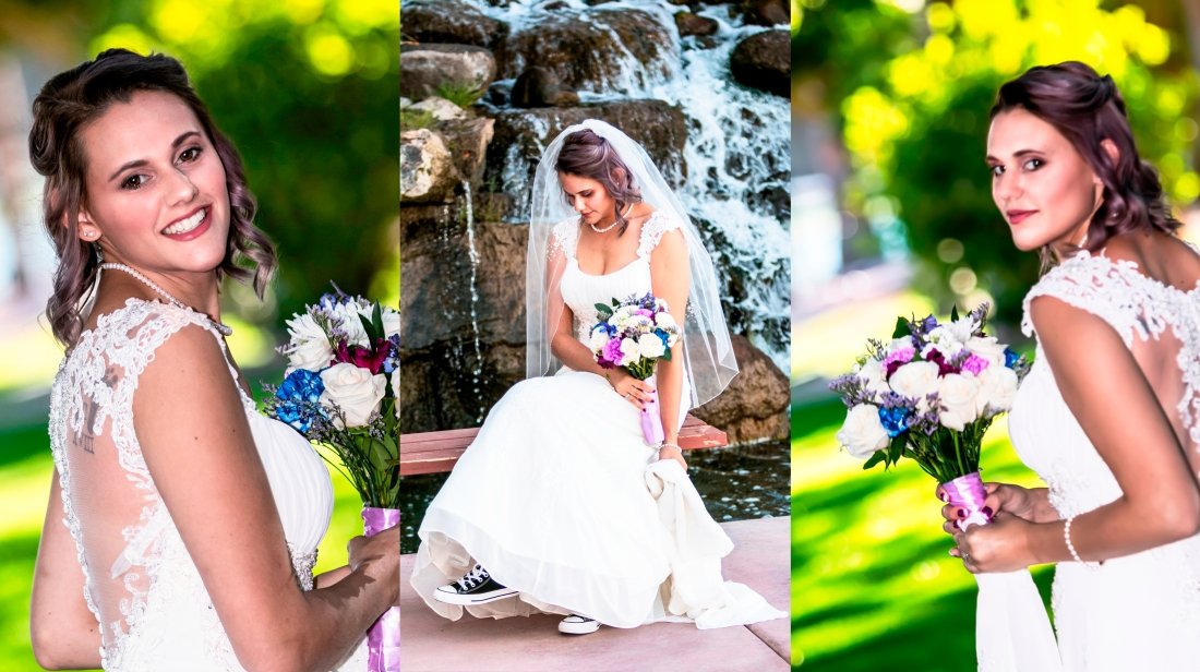A collage of three photos of a woman in a wedding dress holding a bouquet of flowers. In the first and third photos, she is outdoors with a blurred green background, smiling and looking at the camera in the first photo, and in profile in the third. I