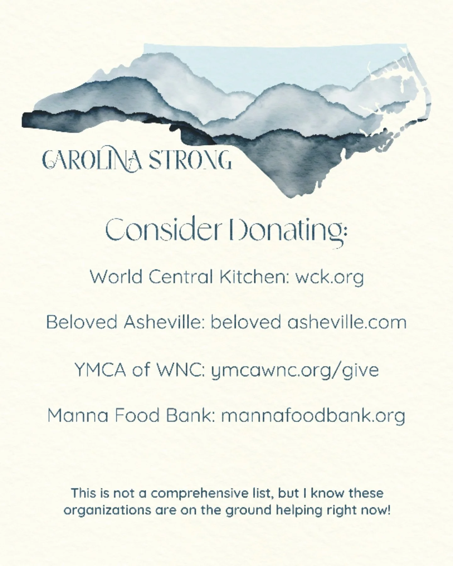 If you would like to help Western North Carolina post Helene, here are a few of the organizations doing great work on the ground right now. Asheville is my home, and this area holds my heart. Any assistance is much appreciated!

Also, for those in th