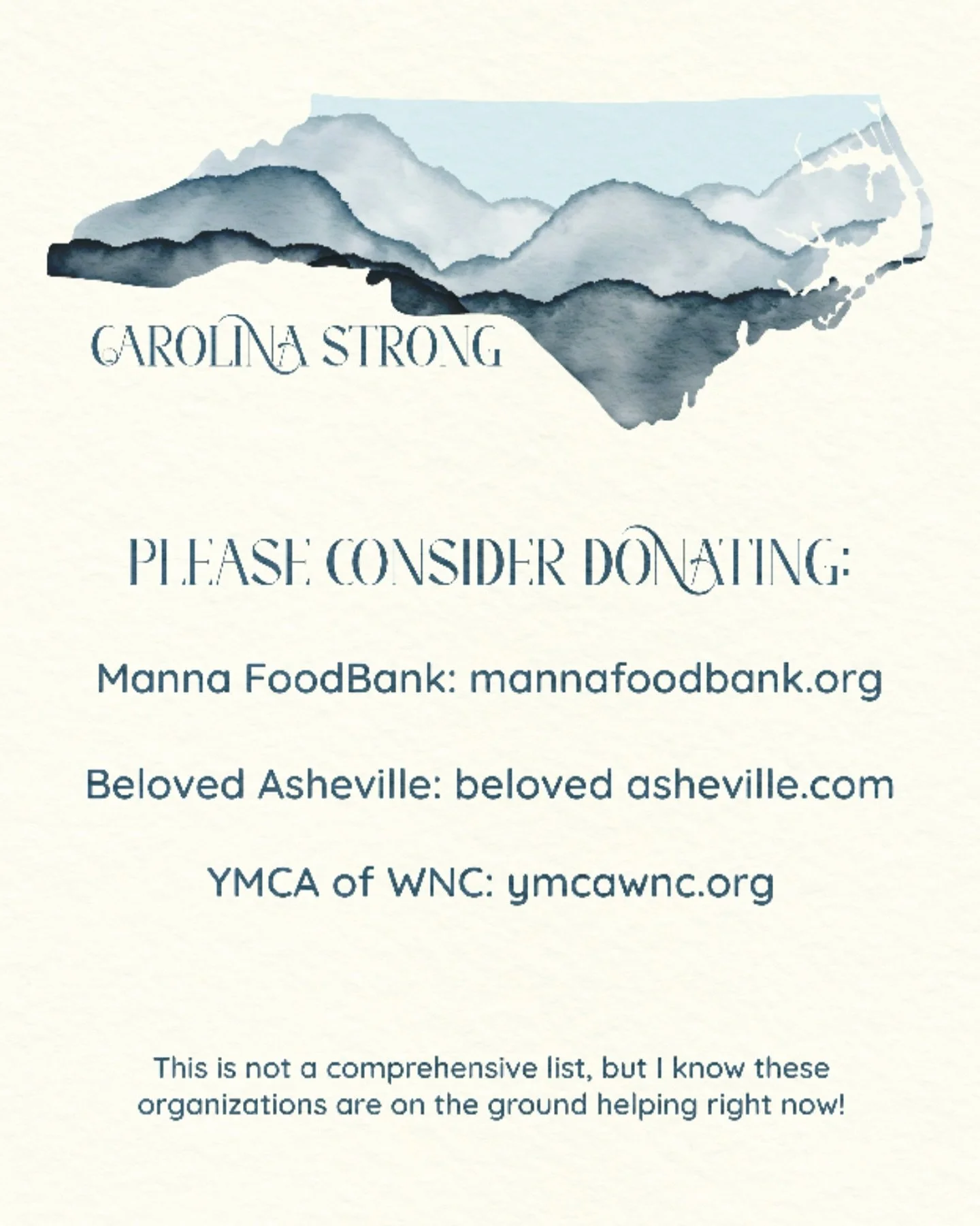 If you are able, please consider donating. These organizations are on the ground here in Western North Carolina doing great work:

Manna FoodBank
@manna_foodbank 
https://www.mannafoodbank.org

BeLoved Asheville
@belovedasheville 
https://www.beloved