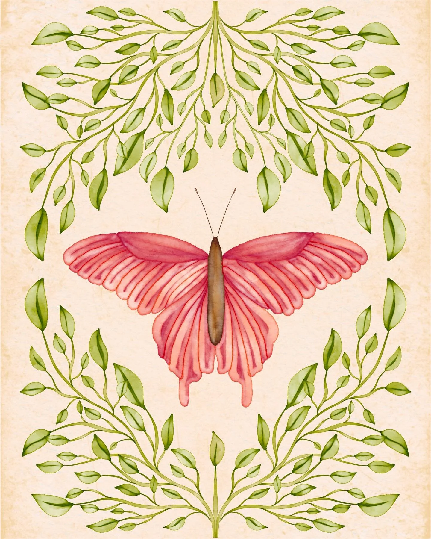 My watercolor butterfly is home in her garden! Swipe to see more detail, and background variations. Which background do you prefer, the first, more textured one, the warm slightly pink one, or the pure white paper? Painted in Procreate with my Waterc