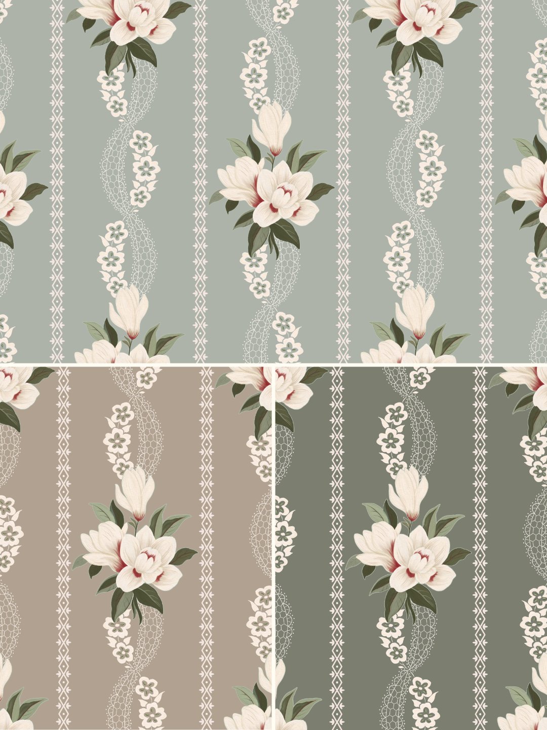 Vintage 1910 Magnolia & Lace, a fabric and wallpaper collection by surface designer Julie McMillan of Silver Birch Studio, available now on Spoonflower in 6 colorways. 