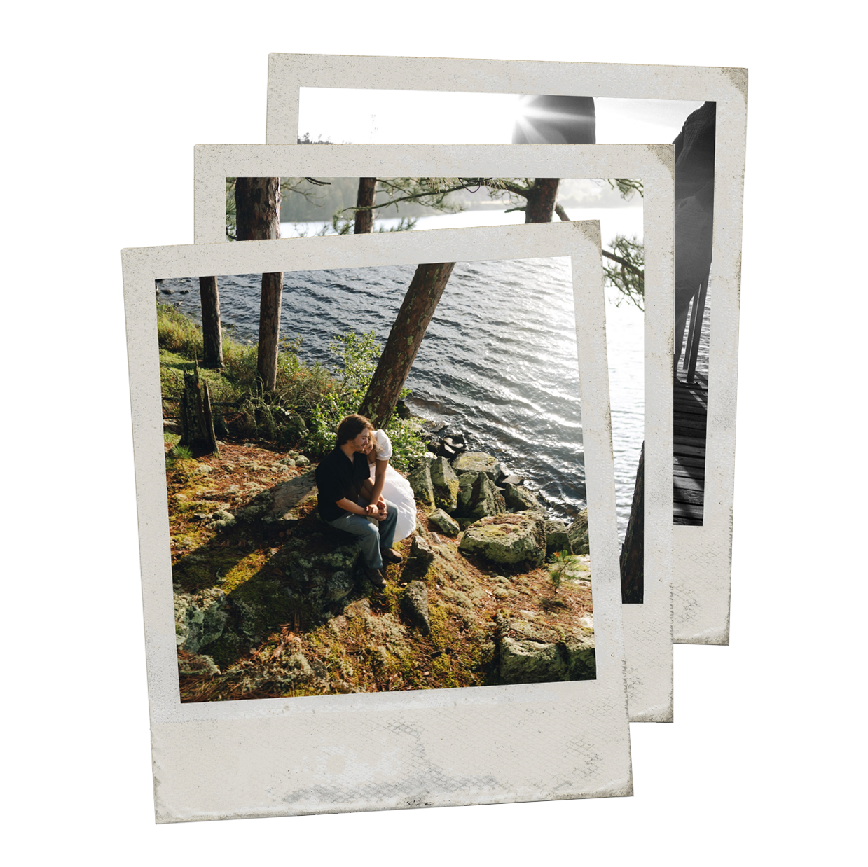 Stacked photographs of a woman sitting on rocks by a lake with trees and sunlight reflecting on the water.