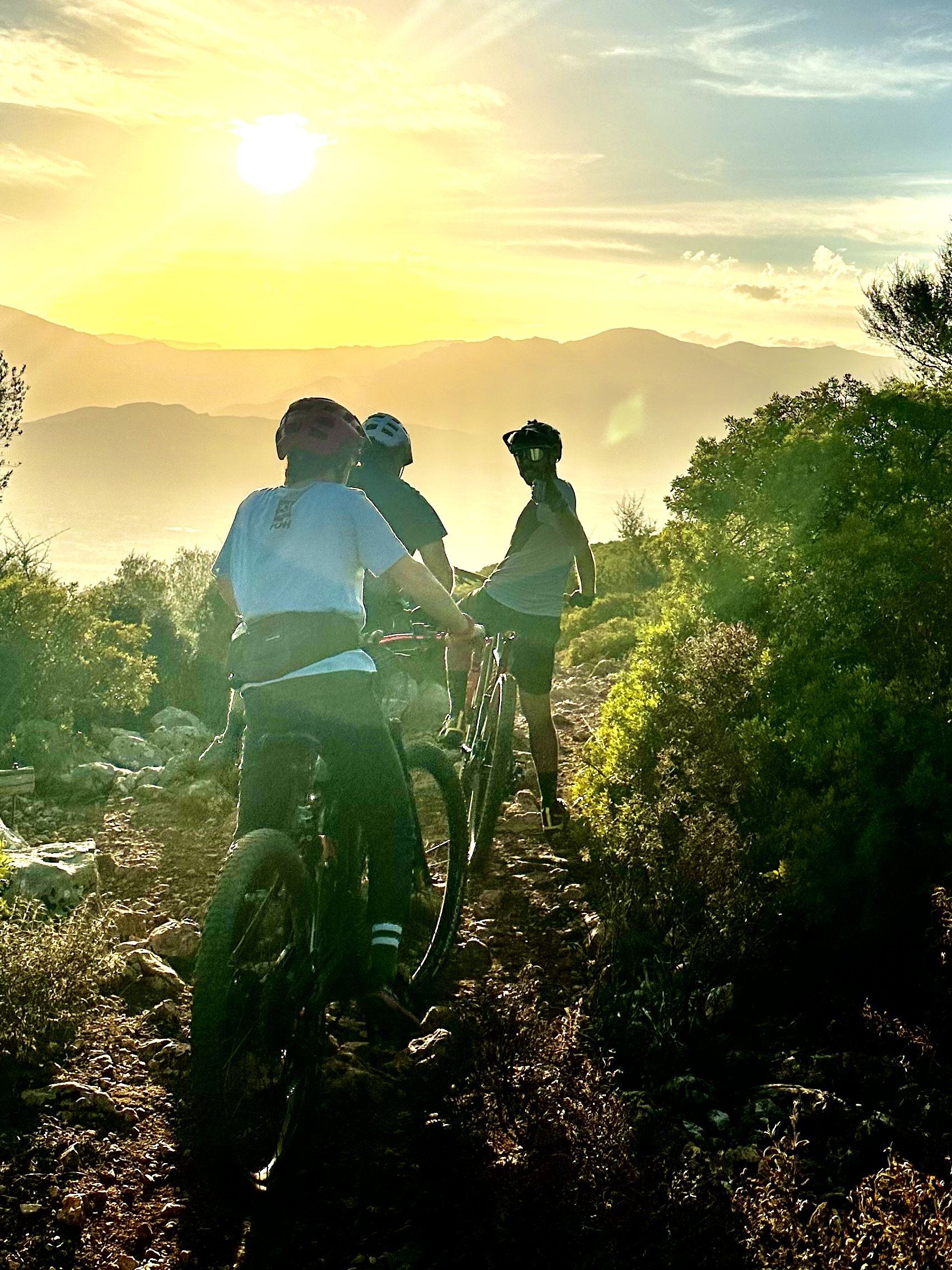 A group of mountain bikers stopped on a trail in the early evening light.