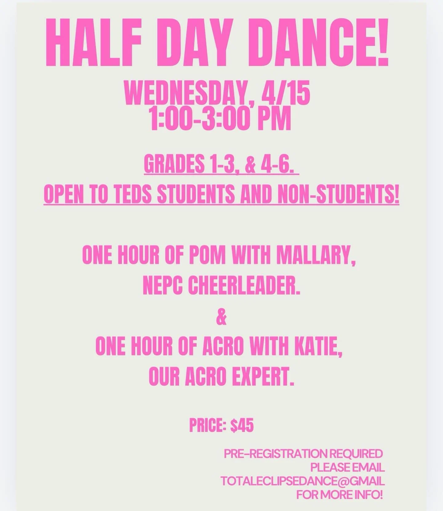 Need plans for your half day? Come dance with us!

These classes are designed to welcome students who are new to these styles of dance, and also those who have experience! It will be an afternoon filled with fun and friends. This class is open to the