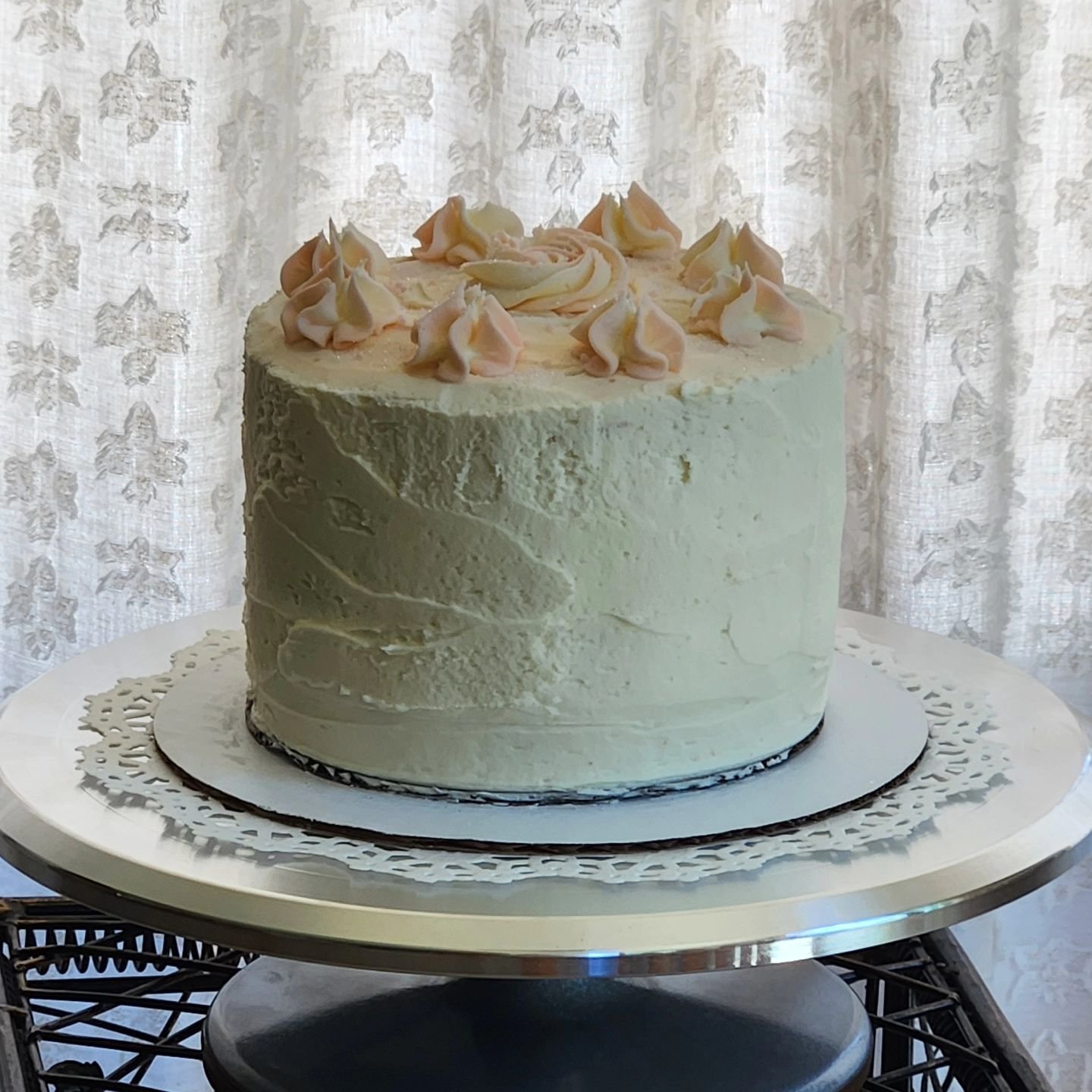 Auntie Jo's kitchen has been busy trying new color combinations!  This lovely 3-layer, 6-inch made from scratch vanilla cake with vanilla buttercream frosting is available today for pick up after 5:30 p.m. $30, first come, first served!