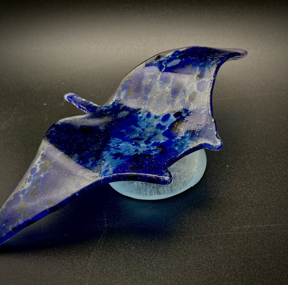 A blue and clear kiln-formed glass manta ray made by Lee Johnson