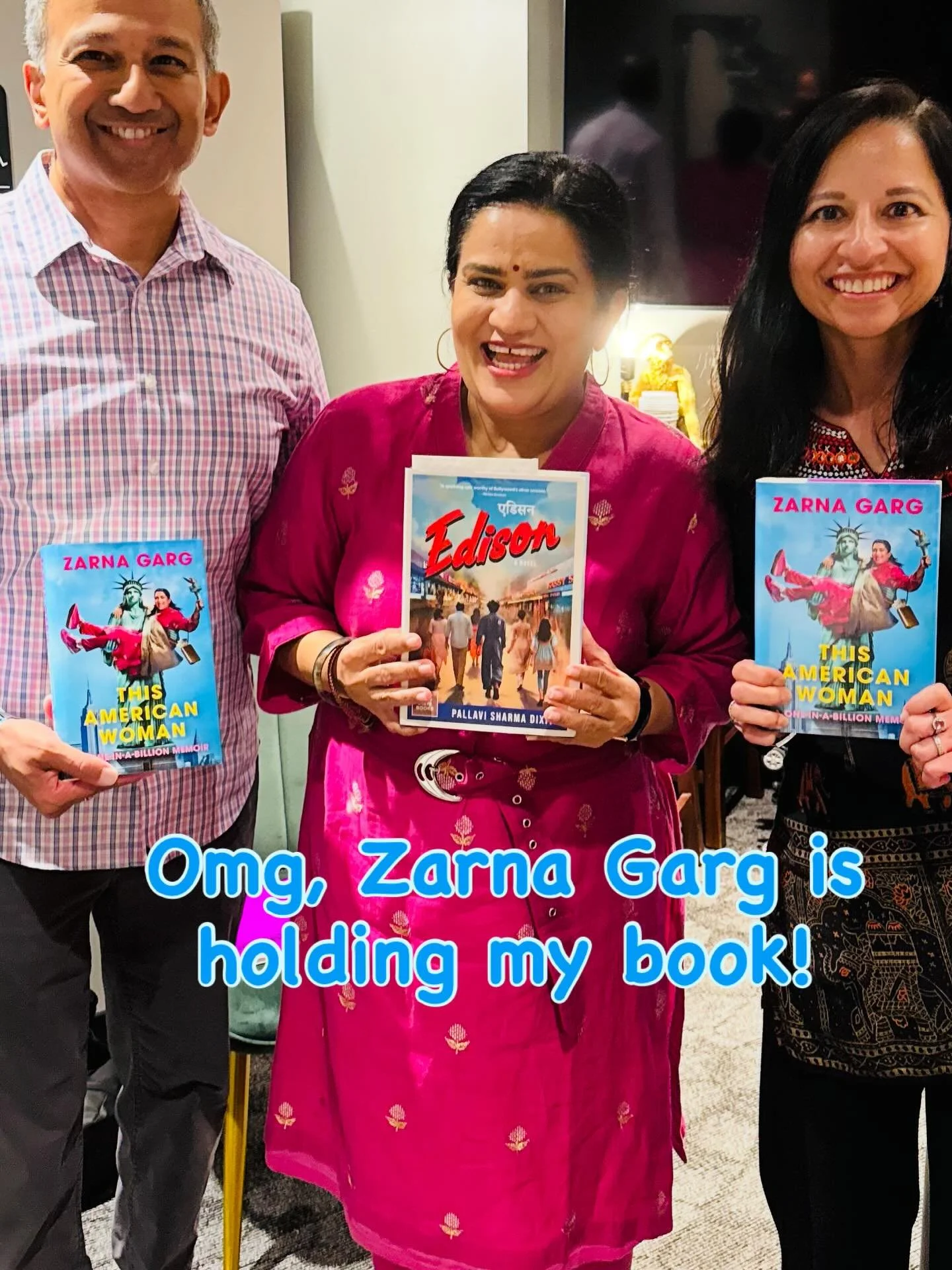 My awesome SIL and BIL saw the fabulous @zarnagarg at her Atlanta show and gave her a copy of EDISON! Such a thrill to see my book in the hands of this desi comedy icon. And excited to read her book, This American Woman! Love you, Queen! ❤️

#zarnaga