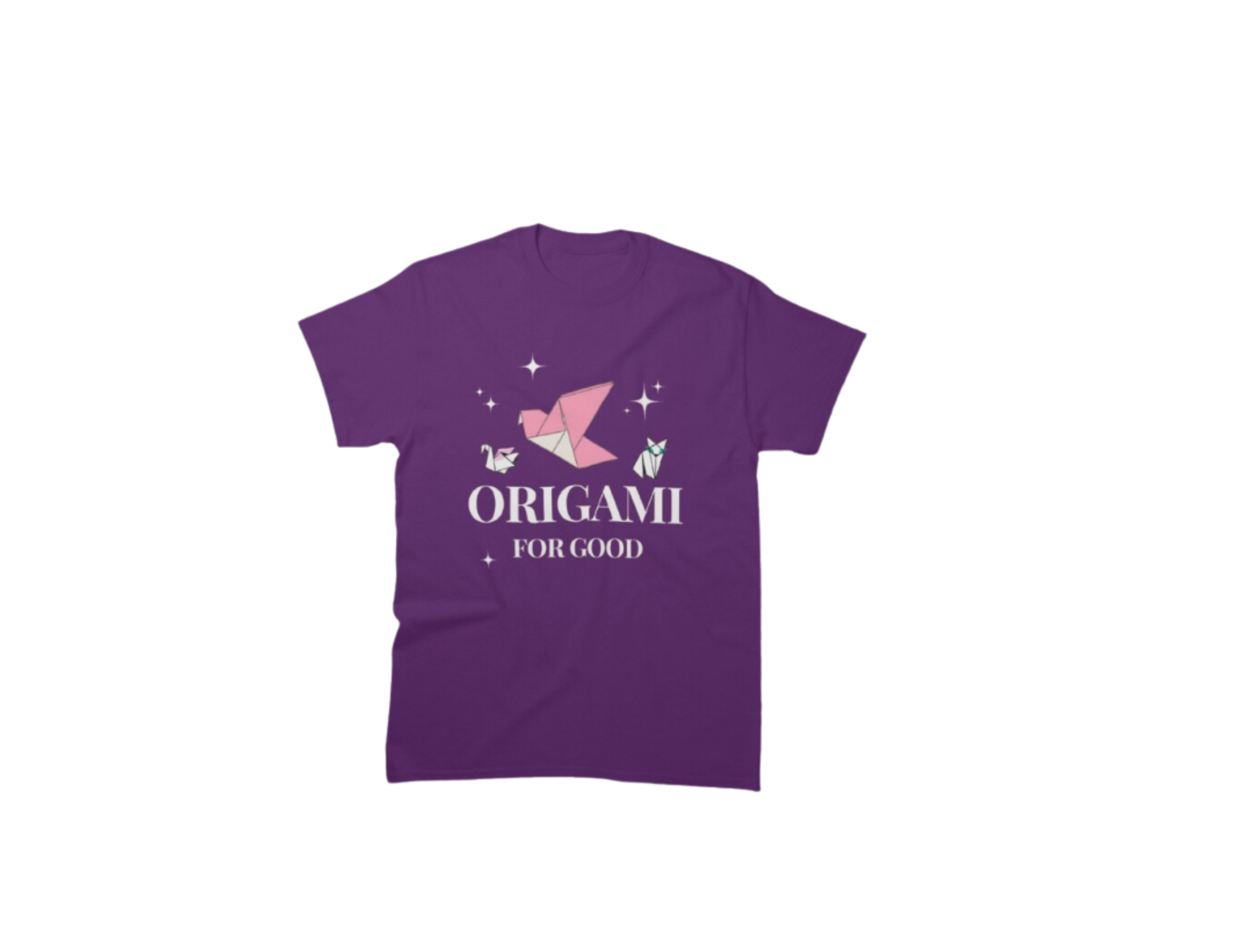 Purple t-shirt featuring "Origami for Good" with origami designs