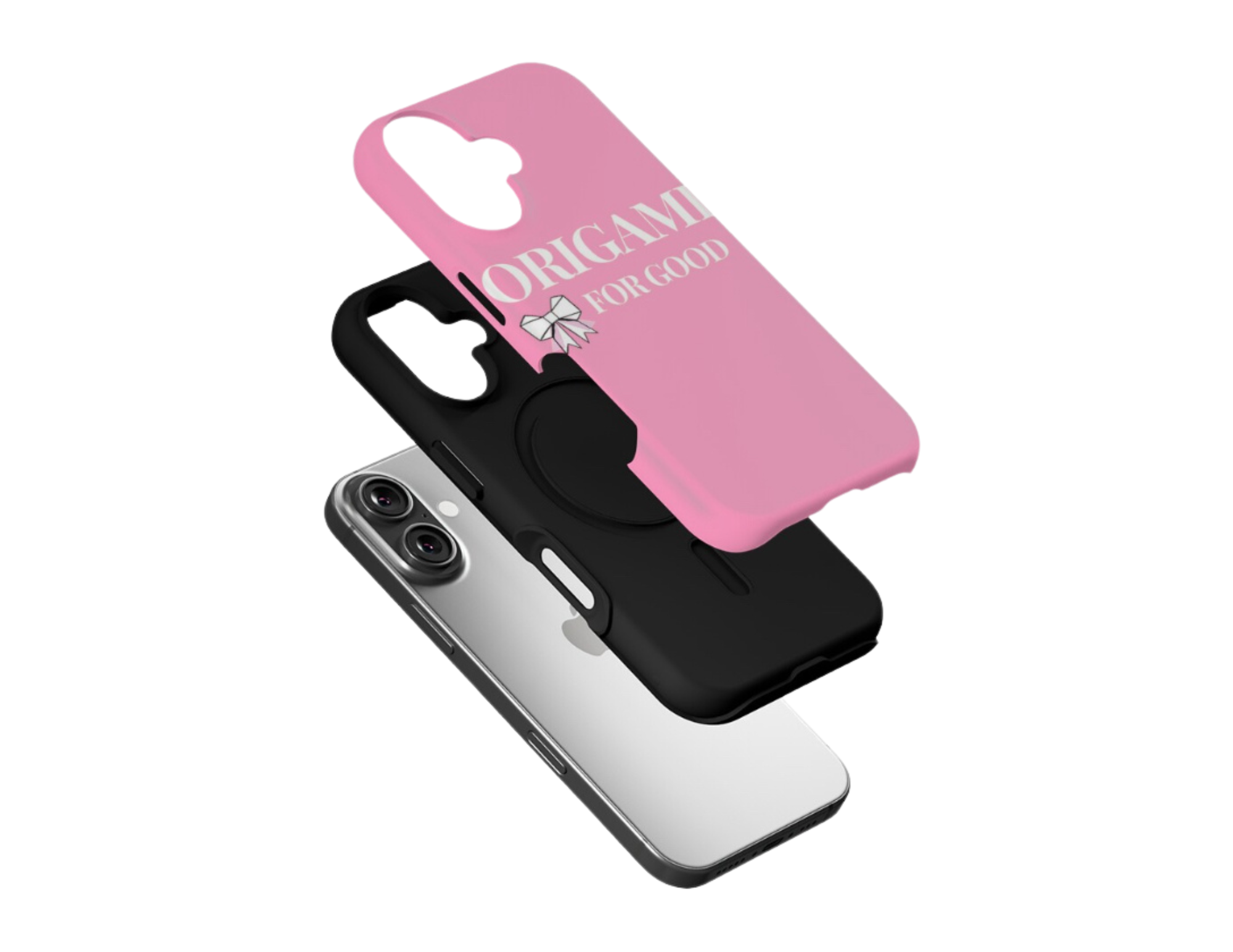 Exploded view of a smartphone with two cases, one pink and one black