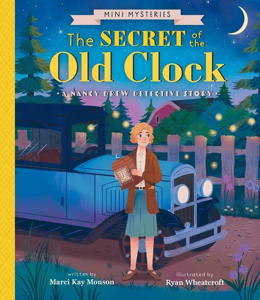 Book cover titled "The Secret of the Old Clock" from the Mini Mysteries series, featuring Nancy Drew detective story. The cover shows a young woman with wavy blonde hair, wearing a brown jacket, white shirt, and green skirt, holding a book, standing next to a vintage blue automobile in a backyard with a wooden fence, trees, and a house. The scene is set during dusk or night with a moon, stars, and fireflies.
