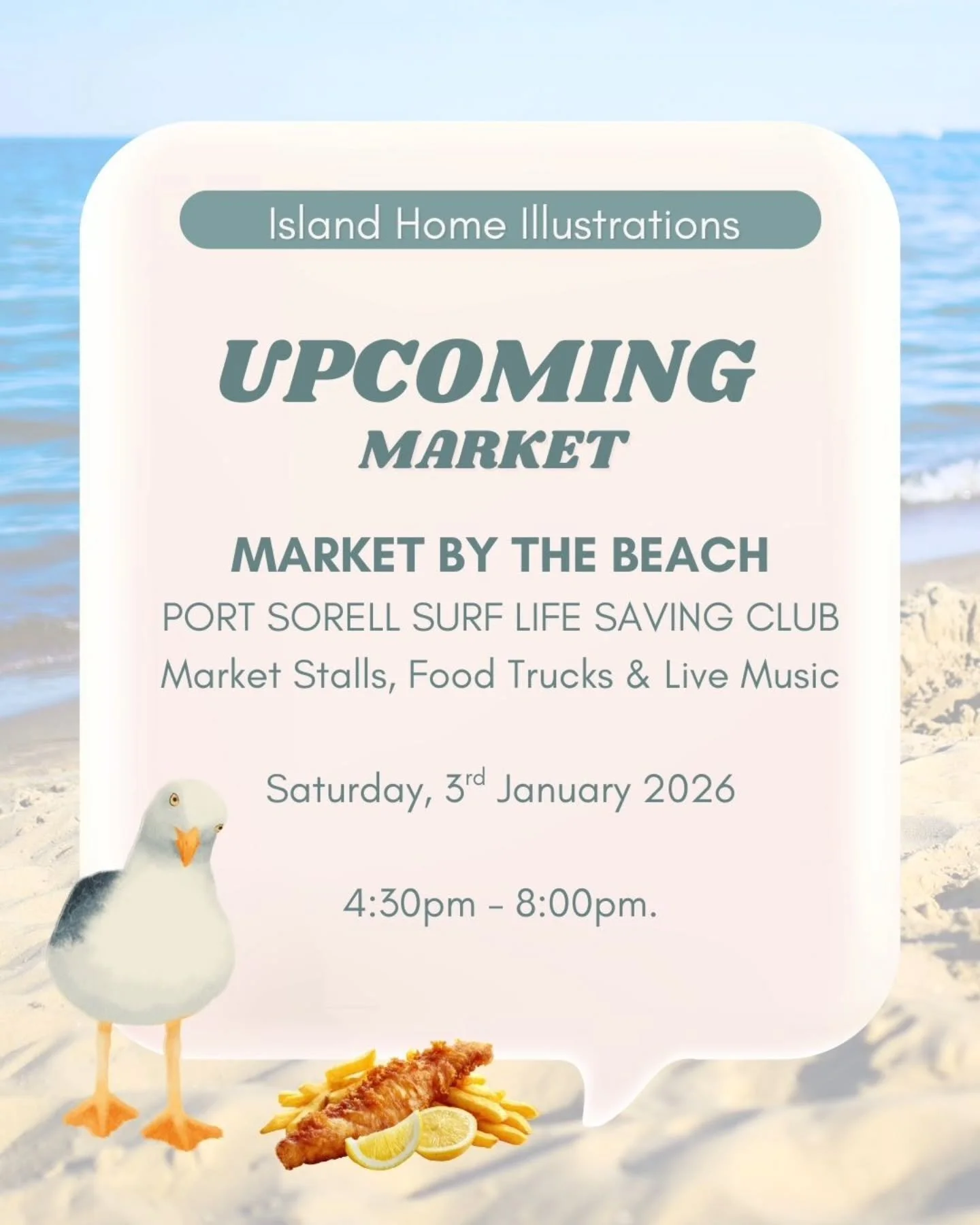 ☀️🌊 Come say hello at Market by the Beach at the Port Sorell Surf Life Saving Club!  I'll have my Tassie stickers, cards and colouring book available again. 

📅 Saturday, 3rd January 2026. 4:30pm - 8:00pm.

✨️ Portsy is buzzing over summer with cam