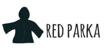 A logo with a stylized teal figure and the text 'RED PARKA' in gray