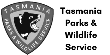 Tasmanian Parks & Wildlife badge featuring a black Tasmanian devil silhouette.