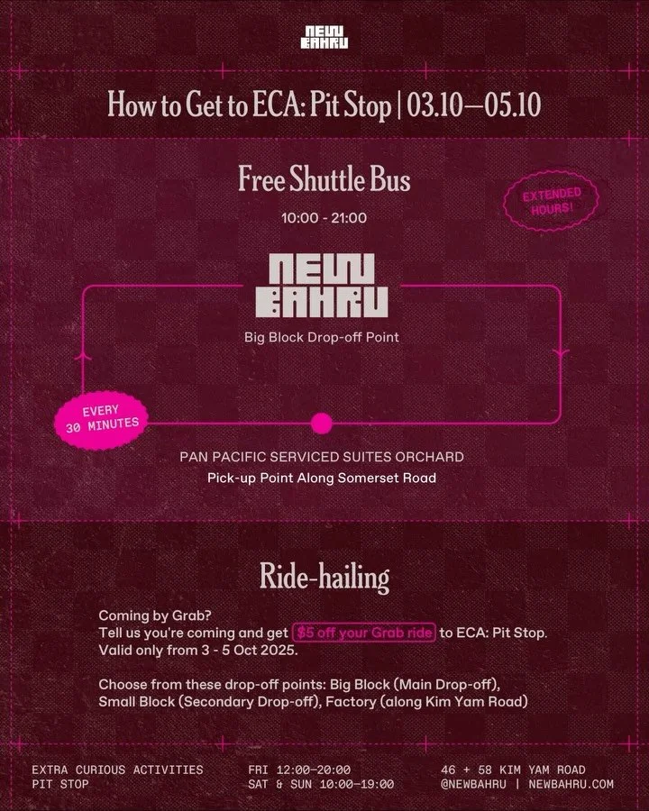 Roll in to ECA: Pit Stop this weekend, 3-5 Oct.

Skip the parking stress &mdash; get $5 off your Grab ride to New Bahru via our link in bio. Or catch our free shuttle bus, running with extended hours from 10 am &ndash; 9 pm, this weekend only.

We&rs