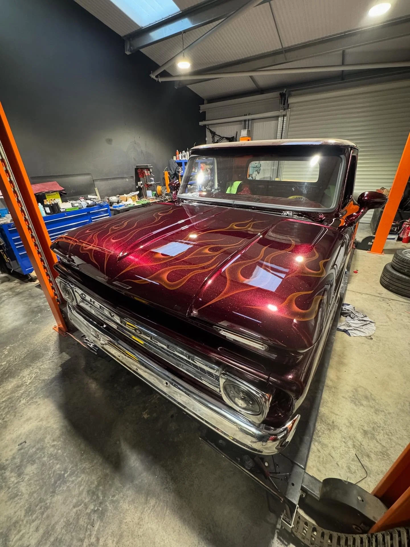 Icing on the cake for the @chevymadness1966 

Client had a vision, we delivered. Custom freehand glow in the dark ghost flames over @perfectpearlsandpigments candy cherry red. Really enjoyed getting creative with these and look even better than I cou