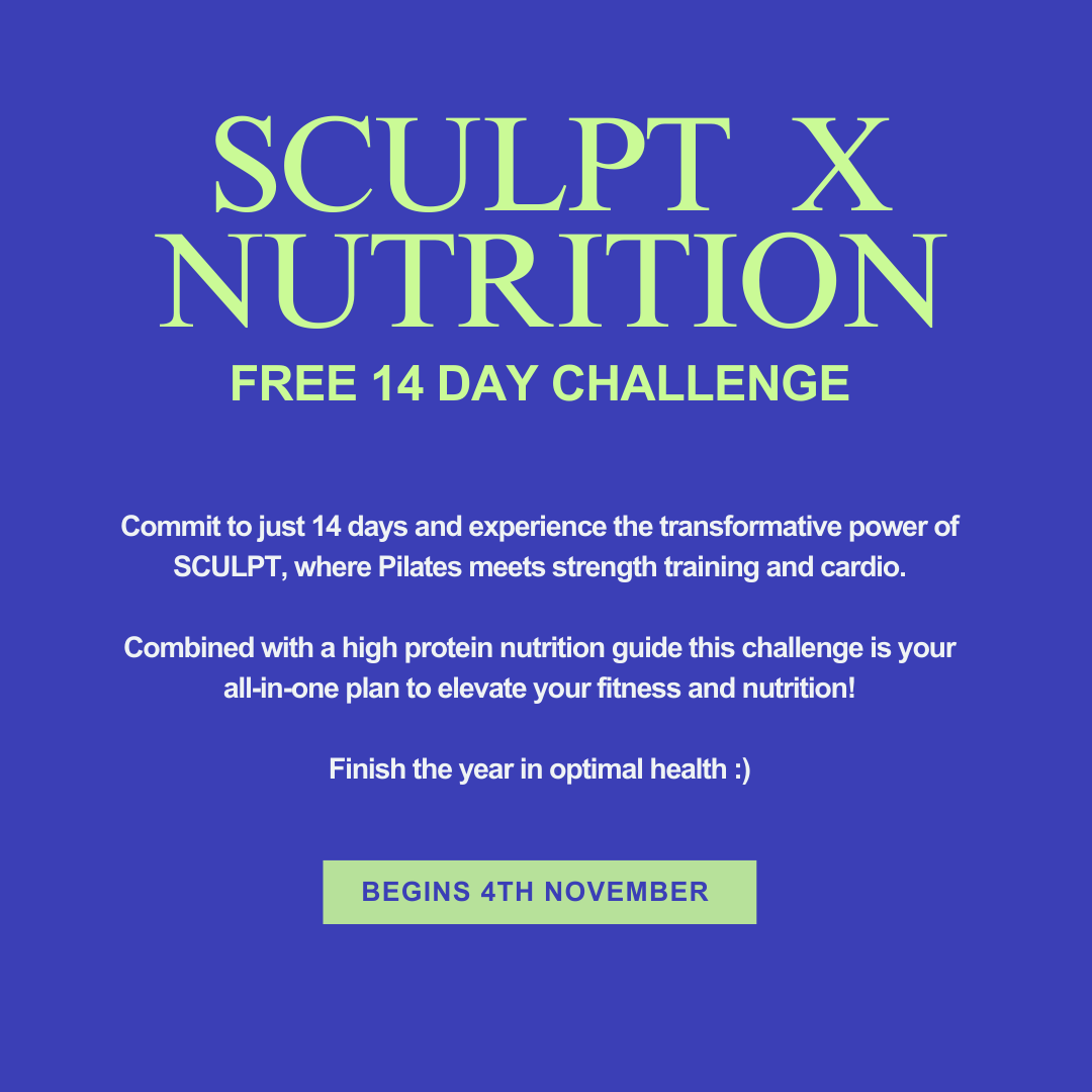 Announcement for a free 14-day challenge titled 'Sculpt X Nutrition' starting 4th November, combining Pilates, strength training, cardio, and a high protein nutrition guide.