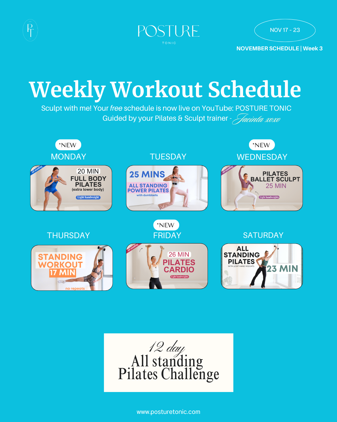 Your Free Weekly Workout Plan | Nov 17- 30 | 12 day All Standing  Pilates Challenge