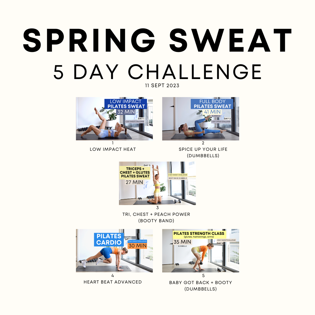 Spring Sweat 5 Day Challenge schedule for September 11, 2023, featuring daily Pilates workouts with different focuses and durations: Low Impact Heat, Spice Up Your Life with dumbbells, Tri, Chest + Peach Power with booty band, Pilates Cardio, and Bab
