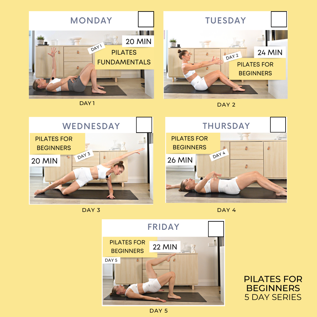Pilates workout schedule with images of a woman doing exercises for a 5-day series. Each day features a different Pilates routine aimed at beginners, ranging from 20 to 26 minutes, from Monday to Friday.