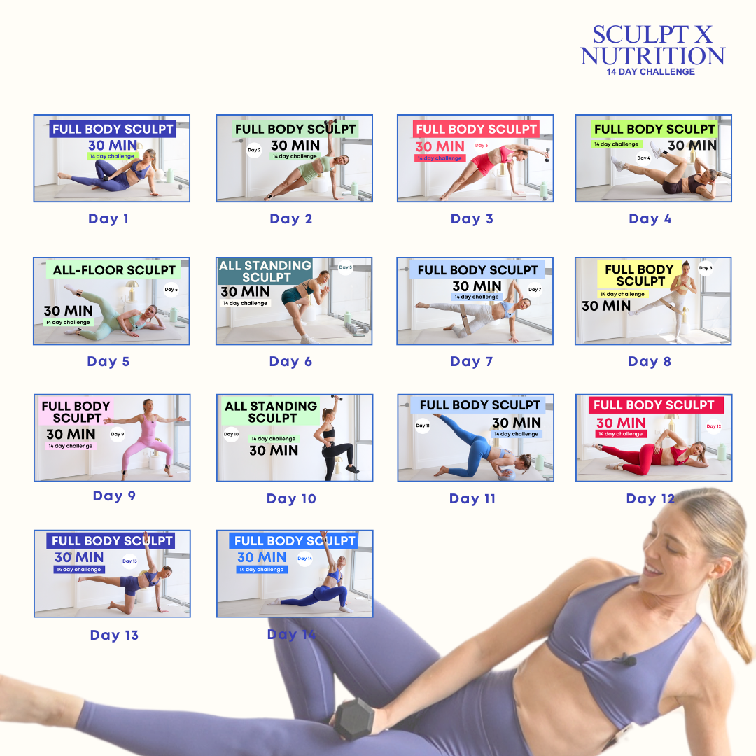14-day fitness challenge program with daily workout images labeled "Full Body Sculpt," "All-Floor Sculpt," and "All Standing Sculpt." Each day specifies a 30-minute duration. A woman in workout attire is seen at the bottom holding a dumbbell.