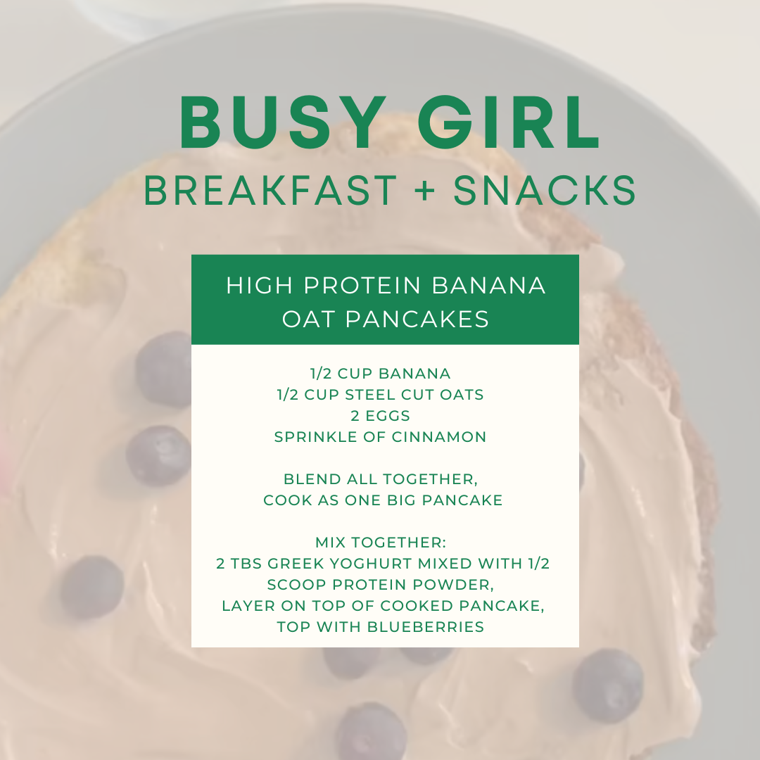 Recipe for high protein banana oat pancakes from Busy Girl, featuring ingredients like banana, steel cut oats, eggs, cinnamon, Greek yogurt, protein powder, and blueberries.