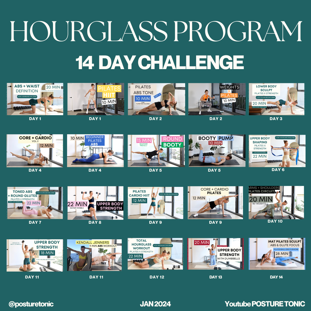 "Hourglass Program 14-day challenge workout schedule by Posture Tonic, January 2024, featuring daily exercises with various workout types such as Pilates, cardio, strength training, and HIIT, each with a specified duration displayed in a grid layout.