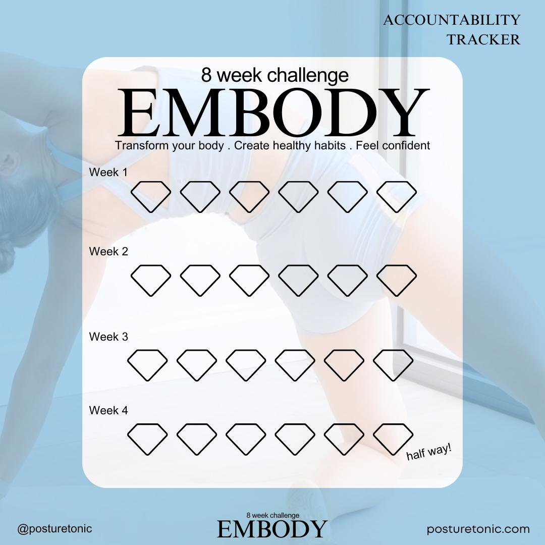 Image of an accountability tracker for an 8-week challenge named "EMBODY" with sections for weeks 1 to 4, each having empty diamond shapes for tracking progress. The background shows a person exercising, and the words "Transform your body. Create hea